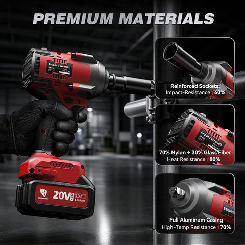 Heavy Duty Cordless Impact Wrench With Beefy Torque And No Sweat Operation 1350 Nm High Output Battery powered impact wrench with reinforced sockets.