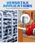 Ratcheting Pipe Threader Kit Pro Grade With 3 NPT Dies threading galvanized pipes with close-up of threaded pipe and red tool