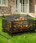 32 Inch Outdoor Wood Burning Fire Pit With Mesh Cover And Fire Poker Large Square Metal Fireplace for garden