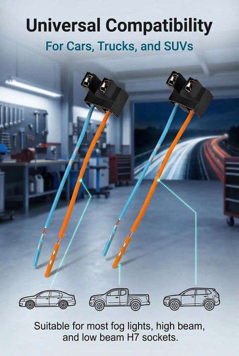Two Pack H7 Headlight Wiring Harness With Female Wire Connector Pigtail Kit Featuring Pure Copper Terminals and Heat Tough Sockets displayed in a workshop.