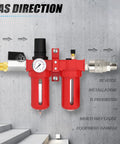 All In One Aluminum Air Regulator Set With Moisture Filter Coalescing Filter Lubricator And Manual Drain installed on wall