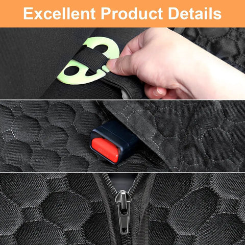 Close-up of Built Like A Tank Dog Car Seat Cover For Tesla Cybertruck 2024 And Newer showing straps, buckle, and zipper details.