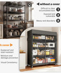 72.8 Inch 5 Tier Heavy Duty Storage Shelving With Cover And Wheels For Pantry Or Garage, Beefy Metal Shelving System With UV Dust Cover, Easy Roll Mobility, Large Storage Space And Enhanced Organization, black metal shelves with cover and wheels in kitchen