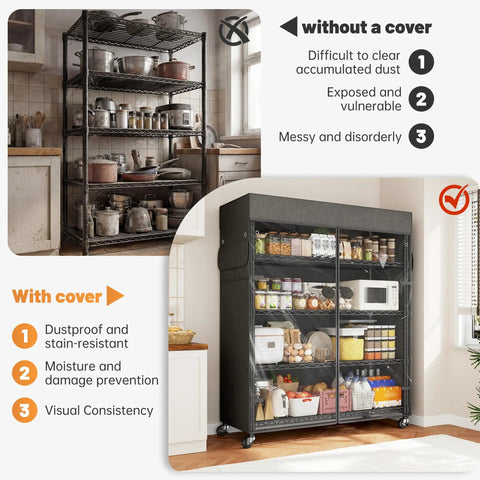 72.8 Inch 5 Tier Heavy Duty Storage Shelving With Cover And Wheels For Pantry Or Garage, Beefy Metal Shelving System With UV Dust Cover, Easy Roll Mobility, Large Storage Space And Enhanced Organization, black metal shelves with cover and wheels in kitchen