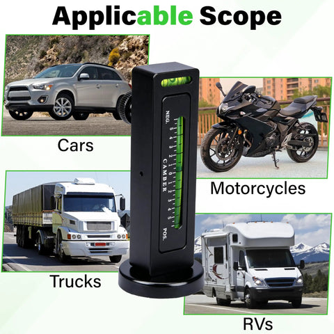 Pro Grade Universal Wheel Alignment Tool With Strong Magnetic Mount And Hella Accurate Negative 5 To 5 Degree Camber Adjustments For Smooth Ride Tuning And Quick Garage Fixes In Black displayed with cars, motorcycles, trucks, and RVs.