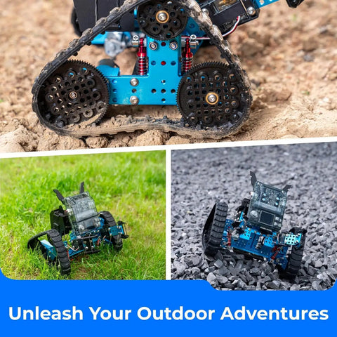 mBot2 Rover STEM Coding Robot Kit For AI Learning, Aluminum Robot With Sensors For Easy To Advanced Projects, Control With Smartphone Or Gamepad Or Auto-Program, Bluetooth And Wifi Enabled, Learn Block-Based To Python Coding, Perfect For Classrooms And on dirt and grass