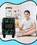 Kids 16 Inch Travel Suitcase Set With Smooth Rolling Spinner Wheels For Boys Carry On Hard Shell Luggage Airline Approved 2 In 1 Gift Pack Includes Neck Pillow Case And Luggage Tag By Homskiii Great Gift For Kids, featuring a boy, black suitcase with game theme pattern, and modern room setting.