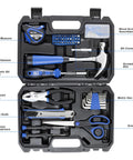 Prostormer 93-piece tool kit in blue toolbox case, front view; includes hammer, pliers, scissors, knife, bits, hex keys.