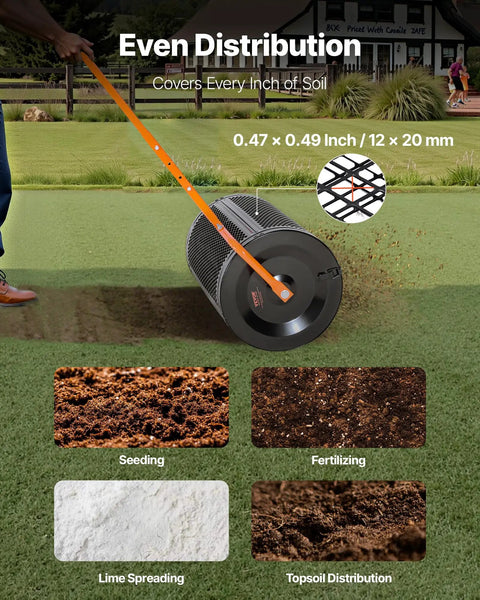 Heavy Duty Compost And Seed Spreader 24 Inch Wide Peat Moss Spreader with T Shaped Handle spreading soil on lawn