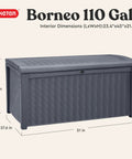 Borneo 110 Gallon Outdoor Storage Deck Box For Patio Backyard And Garden Grey Lockable Waterproof Sturdy Plastic Storage Bench For Cushions Tools Toys And More with lid closed, dimensions labeled.
