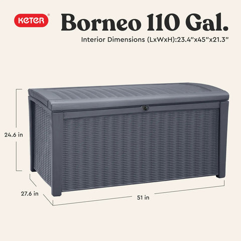 Borneo 110 Gallon Outdoor Storage Deck Box For Patio Backyard And Garden Grey Lockable Waterproof Sturdy Plastic Storage Bench For Cushions Tools Toys And More with lid closed, dimensions labeled.