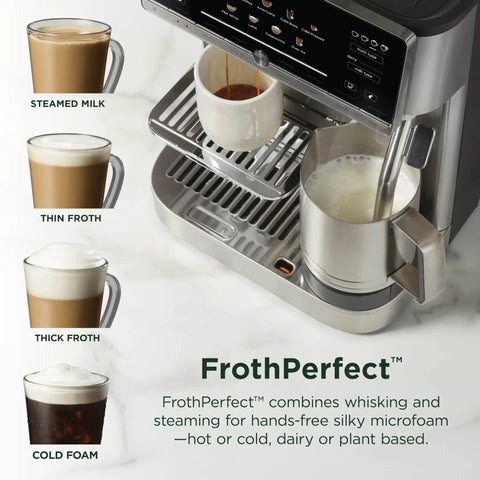 Fully Automatic Espresso Machine With 10 Custom Options And Built In Grinder pours creamy steamed milk for cappuccinos and lattes.