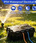 Waterproof Outdoor Electrical Box Heavy Duty Cover For Extension Cords And Holiday Lights With Tight Port Seals, shown on wet grass.