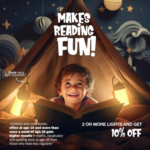 Child reading with Kids Book Night Light Lantern For Camping And Reading USB Rechargeable Desk Lamp creating ambient glow