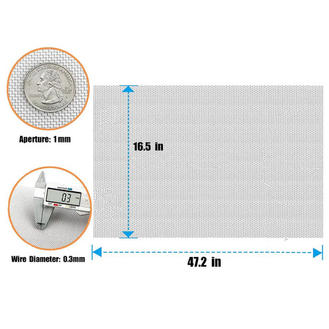 Pro Grade Stainless Steel Wire Mesh Roll 20 Mesh With 1mm By 1mm Openings 0.23mm Wire 16.5 x 47.2 Inches with dimensions and details
