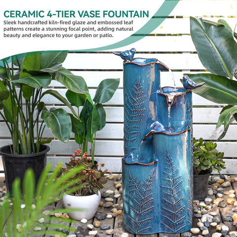 Totally Dope 32 Inch Tall Ceramic Outdoor Water Fountain With Led 4 Tier Tropical Cascading Waterfall Turquoise Glaze Embossed Fern Pattern Bird Attracting Garden Yard Patio Decor