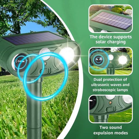 Solar Powered Ultrasonic Animal Repellent With Motion Sensor And Strobe Light displayed in a garden setting