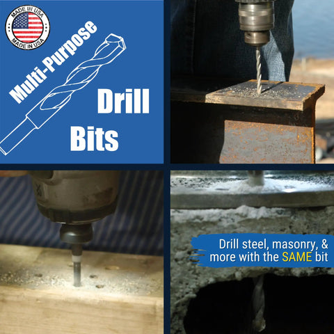 Intro 7 Piece High Speed Drill Bit Set For Metal Masonry Wood Tile With Carbide Titanium Cobalt Tips And Armor Steel Hex Shank Made In USA in use on wood and concrete surfaces.