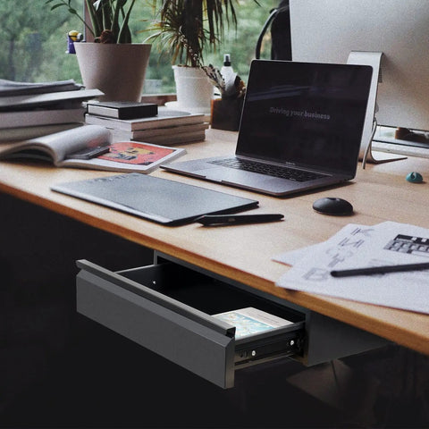 Under Desk Drawer Organizer 18 Inch Pull Out Storage Mounted Under Desk Or Workbench Black with open drawer