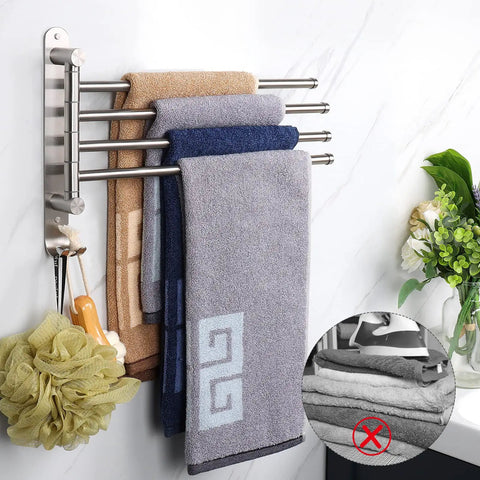 Swivel Towel Rack With 4 Arm Design, 13.8 Inch 304 Stainless Steel Wall Mounted Towel Holder, Brushed Nickel, towels shown.