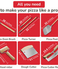 Pro Grade Home Pizza Oven Accessories Kit 6 Piece Set With Peel Oven Brush Bubble Popper Turner Rocker Cutter Dough Roller And Scraper Ideal For Home Pizzeria Nights Easy Safe Handling With Long Handles Durable Materials showing tools with dimensions.