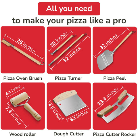 Pro Grade Home Pizza Oven Accessories Kit 6 Piece Set With Peel Oven Brush Bubble Popper Turner Rocker Cutter Dough Roller And Scraper Ideal For Home Pizzeria Nights Easy Safe Handling With Long Handles Durable Materials showing tools with dimensions.