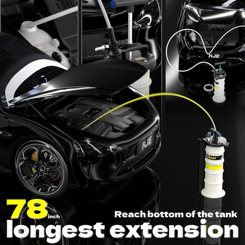 Garage Ready 6.5 Liter Manual And Pneumatic Oil Fluid Extractor Pump With Complete Accessory Kit showing 78 inch extension for fluid extraction.