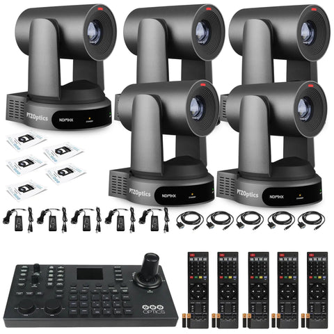 Built Different Five Pack Of 4K PtZ Cameras Featuring Smooth 30X Optical Zoom And Intelligent Auto Tracking Plus A Heavy Duty Joystick Controller.
