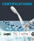 Multifunction Shower Head With ShowerStart Technology for High Pressure Massage and Full Body Spray with certifications displayed