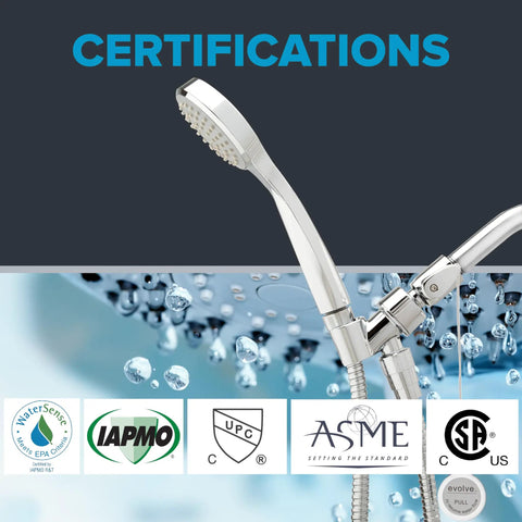 Multifunction Shower Head With ShowerStart Technology for High Pressure Massage and Full Body Spray with certifications displayed