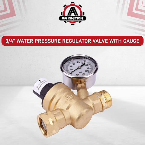 Brass RV water pressure regulator with gauge, 3/4 in NPT fittings, adjustable, AA Ignition