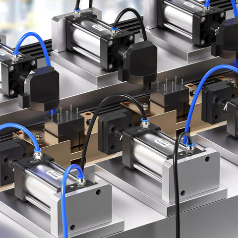 Industrial pneumatic setup with Black One Quarter Inch OD PU Air Tubing Kit, showing connected compressors and fluid transfer lines.