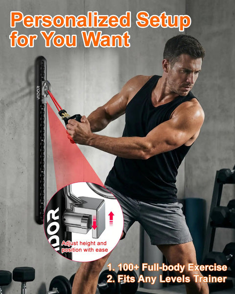 Hella Sturdy Wall Mount Resistance Band Anchor System With 300 Pound Pull Capacity Adjustable Aluminum Gym Anchors, man using in home gym.