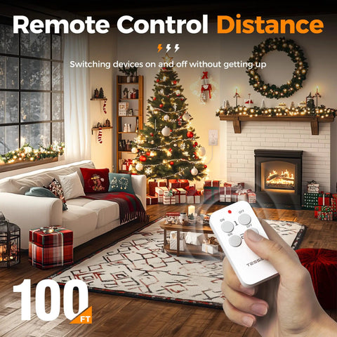 Remote Control Outlet Plug Set With One Remote And Two Outlets in festive living room with Christmas tree, 100 ft RF range