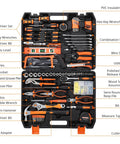236 Piece Tool Set With Plastic Storage Case For Auto Repair And Home DIY Wrenches Sockets Screwdrivers Pliers And More Durable Chrome Finish Anti Corrosion Comfortable TPR Grips displayed in open case