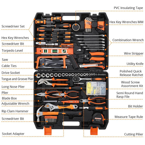 236 Piece Tool Set With Plastic Storage Case For Auto Repair And Home DIY Wrenches Sockets Screwdrivers Pliers And More Durable Chrome Finish Anti Corrosion Comfortable TPR Grips displayed in open case