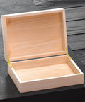 Open wooden box displaying gold finish hinges from the Gold Zinc Alloy Jewelry Box Hinges Set, 10 pcs 90 degree with 40 screws.