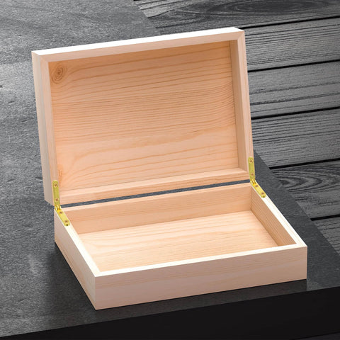 Open wooden box displaying gold finish hinges from the Gold Zinc Alloy Jewelry Box Hinges Set, 10 pcs 90 degree with 40 screws.