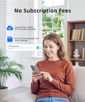 Woman using smartphone with text showing no subscription fees for 3MP Wireless Video Doorbell With 2K HD Footage No Monthly Fees