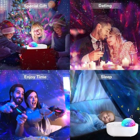 Star Projector For Bedroom 4 In 1 With Bluetooth Speaker Remote And Timer 10 Color Led Lights in various room settings