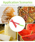 Watermelon Cutter With Sleeve Long Serrated Knife for slicing bread, pizza, butter, and watermelon in various scenarios.