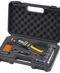 Workhorse Pro Grade Digital Torque Screwdriver With Backlit LCD, 1/4 Inch Quick Release Bit Holder, 2.6 To 70.8 In-Lb Range, 38-Piece Bit Set, ISO 6789 Certified, Two Percent Accuracy For Real World Tolerances. open case with digital torque screwdriver, bits, and sockets
