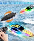 Two Pack RC Boat Set For Pools And Lakes, Self Righting Remote Control Boats With RGB Lights shown with dual-speed controllers