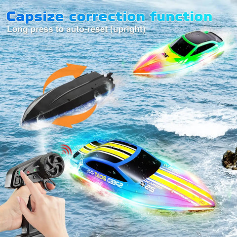 Two Pack RC Boat Set For Pools And Lakes, Self Righting Remote Control Boats With RGB Lights shown with dual-speed controllers