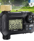 Programmable Garden Hose Water Timer for Outdoor Irrigation, Two Watering Cycle Modes With 1-6 Day Or Weekday Scheduling, Rain Delay And Manual Mode, Brass Connector, IP65 Waterproof with LCD display in garden setting.