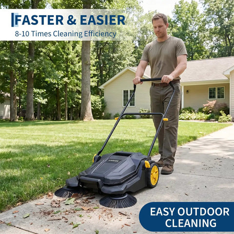 26 Inch Manual Push Floor Sweeper With 5 Gallon Waste Bin, Heavy Duty Walk Behind Hand Sweeper For Industrial Shop And Garage Use, Foldable Handle Design Perfect For Outdoor Street Cleaning Tasks