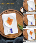 Digital Kitchen Scale 33Lb Capacity With High Precision Sensors Tare And Unit Conversion LCD Display A Must Have For Baking Cooking And Meal Prep Easy Read White Finish showing tare function in use with plate and salmon