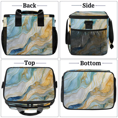 Insulated Picnic Backpack Lunch Box For Women And Men Portable Go To Cooler Tote showing front, side, top, and bottom views