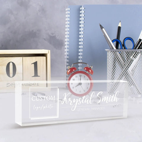 Fully Customizable Desk Name Plate With Logo Upload Acrylic Office Name Plate For Boss Employee Or Teacher Gifts Personalized