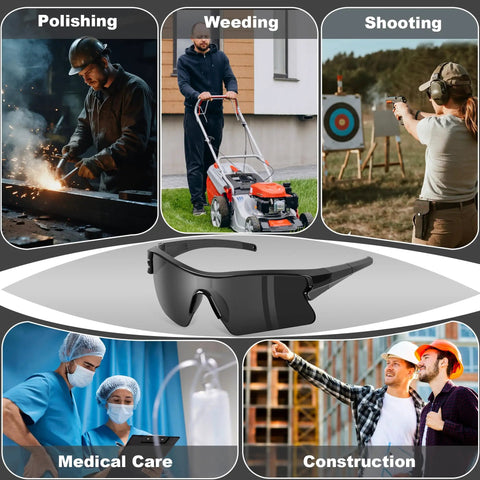 12 Pack Tinted Safety Glasses Protective Eyewear With ANSI Z87.1 Certified UV400 shown with industrial and outdoor activities